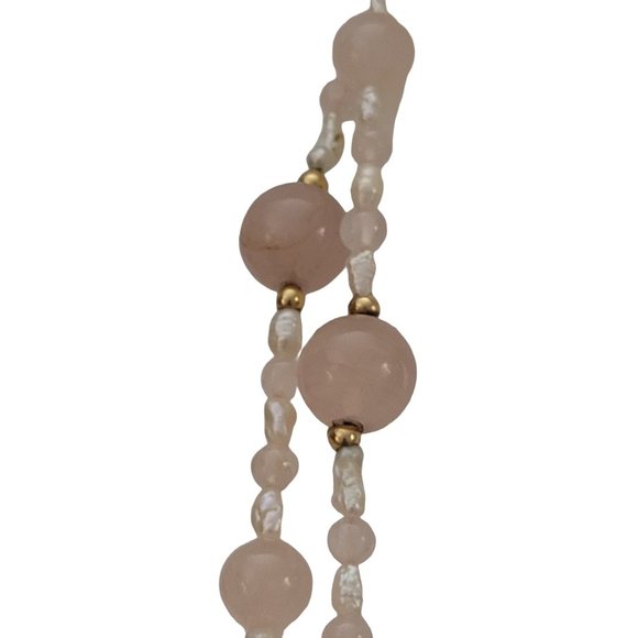 14K Yellow Gold Rose Quart, Rice Pearl Double Strand Necklace, 17" Long K794 - Picture 3 of 8